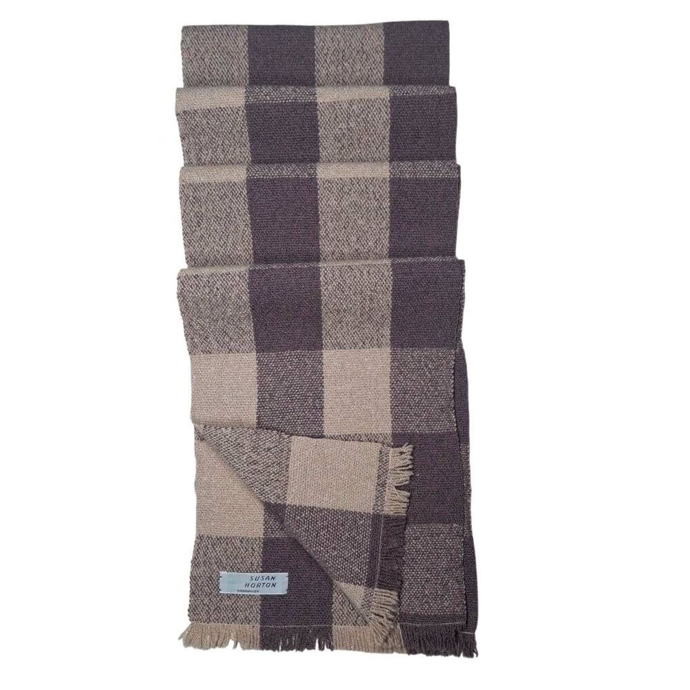 Susan Horton Handwoven Scarf โ Tan & Brown Check Plaid
